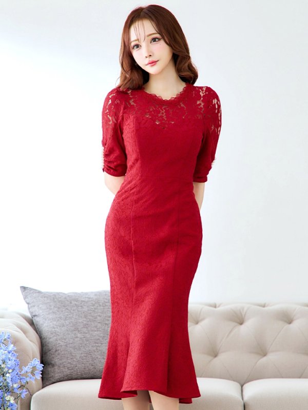 画像14: Lサイズあり【VANESSA HEART / ヴァネッサハート】【OF05】 パール/ フラワーレース/ ワンカラー/ 半袖/ 袖あり/ マーメイド/ ミディアムドレス/ キャバドレス