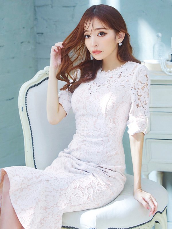 画像5: Lサイズあり【VANESSA HEART / ヴァネッサハート】【OF05】 パール/ フラワーレース/ ワンカラー/ 半袖/ 袖あり/ マーメイド/ ミディアムドレス/ キャバドレス