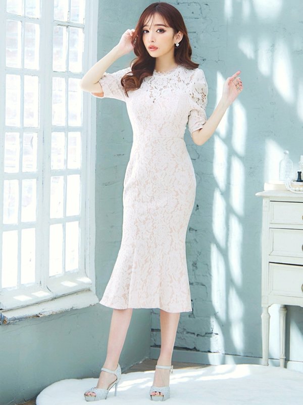 画像6: Lサイズあり【VANESSA HEART / ヴァネッサハート】【OF05】 パール/ フラワーレース/ ワンカラー/ 半袖/ 袖あり/ マーメイド/ ミディアムドレス/ キャバドレス