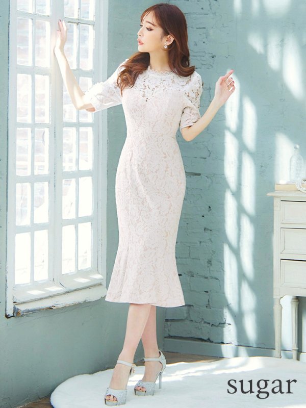 画像7: Lサイズあり【VANESSA HEART / ヴァネッサハート】【OF05】 パール/ フラワーレース/ ワンカラー/ 半袖/ 袖あり/ マーメイド/ ミディアムドレス/ キャバドレス