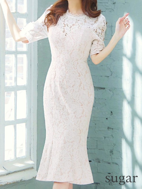 画像8: Lサイズあり【VANESSA HEART / ヴァネッサハート】【OF05】 パール/ フラワーレース/ ワンカラー/ 半袖/ 袖あり/ マーメイド/ ミディアムドレス/ キャバドレス