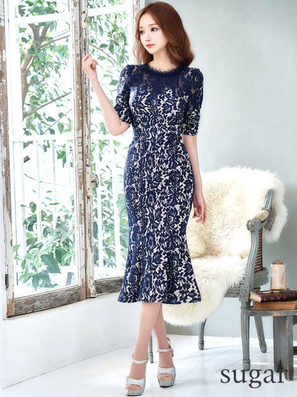 画像38: Lサイズあり【VANESSA HEART / ヴァネッサハート】【OF05】 パール/ フラワーレース/ ワンカラー/ 半袖/ 袖あり/ マーメイド/ ミディアムドレス/ キャバドレス