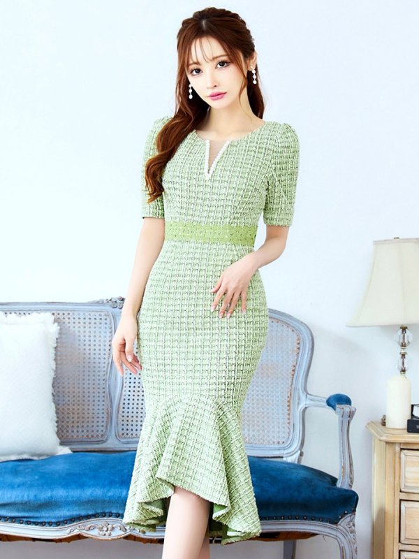 画像7: Lサイズあり【VANESSA HEART / ヴァネッサハート】【OF05】マーメイド/ ツイード/ パール/ 半袖/ 袖あり/ フリル/ ひざ丈/ ミディアムドレス/ ワンピース/ キャバドレス