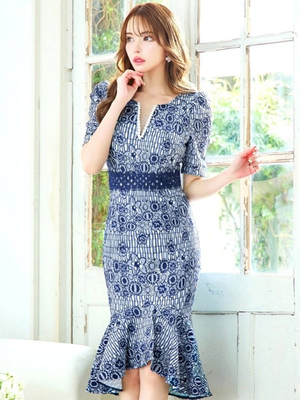 画像4: Lサイズあり【VANESSA HEART / ヴァネッサハート】【OF05】 総レース/ パール/ マーメイド/ 袖あり/ 半袖/ 膝丈/ ミディアムドレス/ キャバドレス