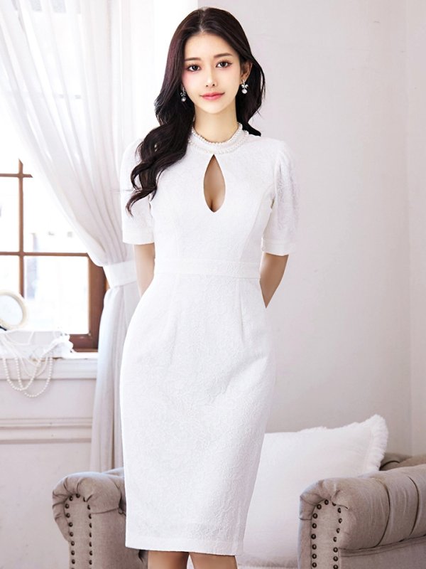 画像3: Lサイズあり【VANESSA HEART / ヴァネッサハート】【OF05】 総レース/ バストカットアウト/ 袖あり/ 半袖/ タイト/ 膝丈/ ミディアムドレス/ キャバドレス