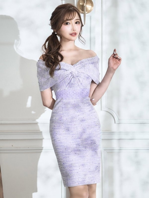 画像21: Lサイズあり【VANESSA HEART / ヴァネッサハート】【OF05】 オフショル/ ツイード/ ウエストレース/ ひざ丈/ タイト/ ミディアムドレス/ キャバドレス