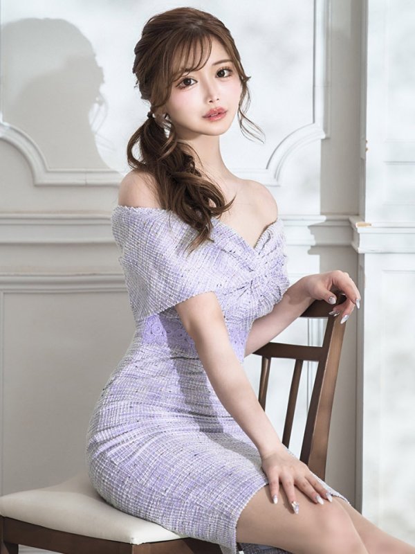 画像23: Lサイズあり【VANESSA HEART / ヴァネッサハート】【OF05】 オフショル/ ツイード/ ウエストレース/ ひざ丈/ タイト/ ミディアムドレス/ キャバドレス