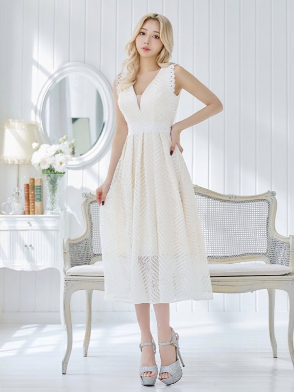 画像28: Lサイズあり【VANESSA HEART / ヴァネッサハート】【OF05】ノースリーブ/ シアー/ 総レース/ プリーツ/ ワンカラー/ ワンピース/ ミディアムドレス/ キャバドレス