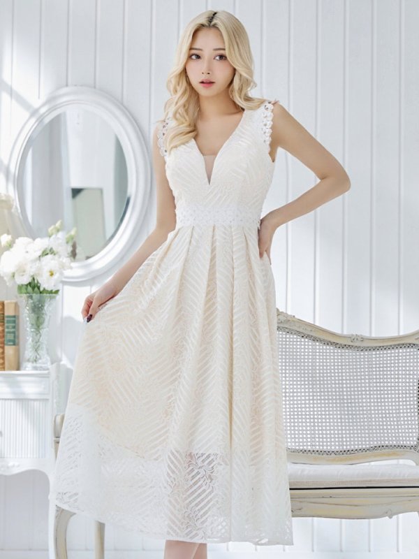 画像24: Lサイズあり【VANESSA HEART / ヴァネッサハート】【OF05】ノースリーブ/ シアー/ 総レース/ プリーツ/ ワンカラー/ ワンピース/ ミディアムドレス/ キャバドレス