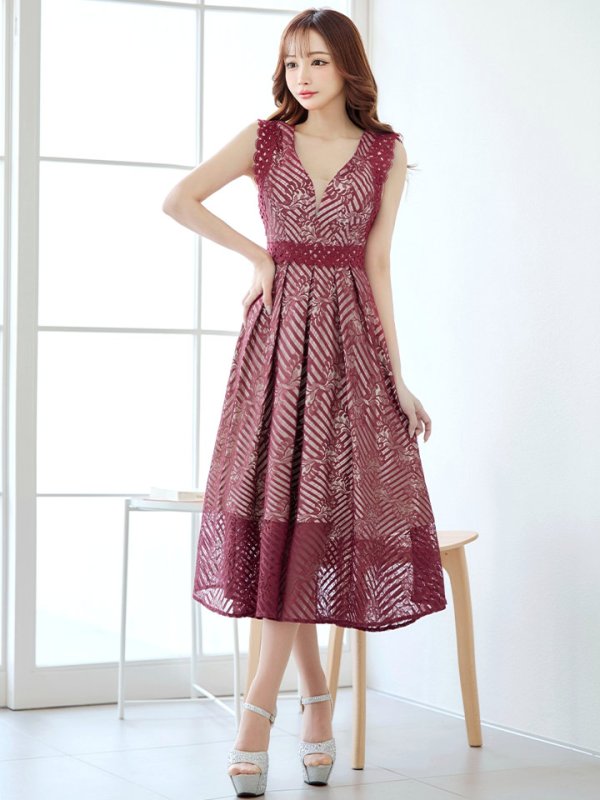 画像7: Lサイズあり【VANESSA HEART / ヴァネッサハート】【OF05】ノースリーブ/ シアー/ 総レース/ プリーツ/ ワンカラー/ ワンピース/ ミディアムドレス/ キャバドレス