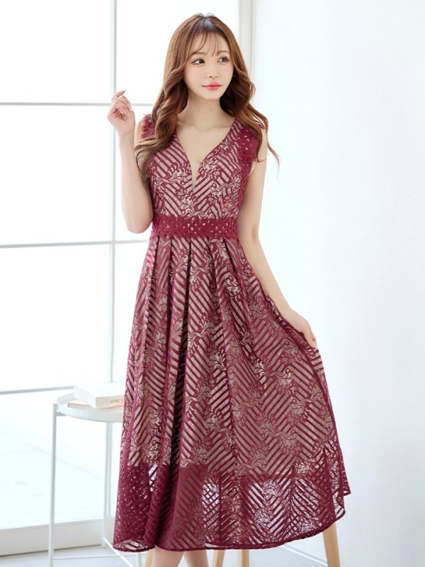 画像4: Lサイズあり【VANESSA HEART / ヴァネッサハート】【OF05】ノースリーブ/ シアー/ 総レース/ プリーツ/ ワンカラー/ ワンピース/ ミディアムドレス/ キャバドレス