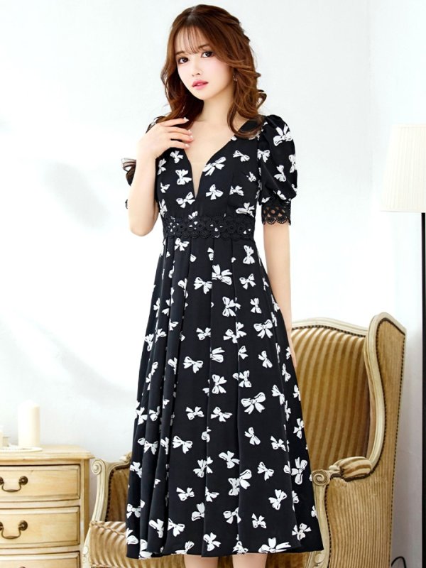 画像3: Lサイズあり【VANESSA HEART / ヴァネッサハート】【OF05】リボン/ 半袖/ シアー/ Vネック/ プリーツ/ フレア/ ミディアムドレス/ ワンピース/ キャバドレス