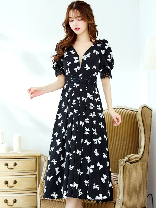 画像4: Lサイズあり【VANESSA HEART / ヴァネッサハート】【OF05】リボン/ 半袖/ シアー/ Vネック/ プリーツ/ フレア/ ミディアムドレス/ ワンピース/ キャバドレス