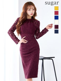 Lサイズあり【VANESSA HEART / ヴァネッサハート】【OF05】総レース/ ハイネック/ ロングスリーブ/ 袖あり/ タック/ 膝丈/ タイト/ ミディアムドレス/ キャバドレス