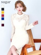 Lサイズあり【VANESSA HEART / ヴァネッサハート】【OF05】総レース/ ハイネック/ ロングスリーブ/ 袖あり/ タック/ 膝丈/ タイト/ ミディアムドレス/ キャバドレス