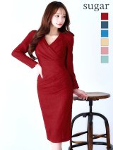 Lサイズあり【VANESSA HEART / ヴァネッサハート】【OF05】タック/ カシュクール/ ロングスリーブ/ 袖あり/ ひざ丈/ タイト/ ワンピース/ ミディアムドレス/ キャバドレス