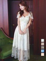 XLサイズあり【VANESSA HEART / ヴァネッサハート】【OF05】ショルダーリボン/ ギャザー/ シアー/ レース/ 刺繍/ ミモレ丈/ ワンピース/ ミディアムドレス/ キャバドレス