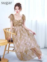 S-XLサイズあり【VANESSA HEART / ヴァネッサハート】【OF05】ショルダーリボン/ ギャザー/ シアー/ レース/ 刺繍/ ミモレ丈/ ワンピース/ ミディアムドレス/ キャバドレス