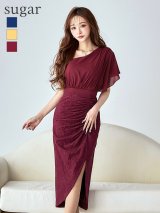 Lサイズあり【VANESSA HEART / ヴァネッサハート】【OF05】ワンショルダー/ シフォン/ 半袖/ 袖あり/ タック/ 切替/ タイト/ スリット/ ミディアムドレス/ キャバドレス