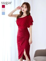 Lサイズあり【VANESSA HEART / ヴァネッサハート】【OF05】ワンショルダー/ シフォン/ 半袖/ 袖あり/ タック/ 切替/ タイト/ スリット/ ミディアムドレス/ キャバドレス