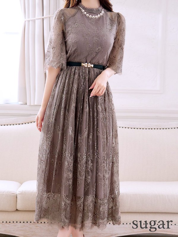 画像8: 【VANESSA HEART / ヴァネッサハート】【OF05】 アクセサリー付き/ ベルト/ 総レース/ 袖あり/ 七分袖/ ミモレ丈/ ワンピース/ キャバドレス