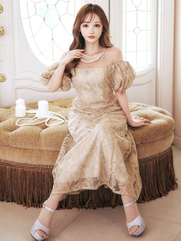 画像24: 【VANESSA HEART / ヴァネッサハート】【OF05】 シアー/ 切替/ レース/ 袖あり/ パフスリーブ/ 膝丈/ フレア/ ミディアムドレス/ キャバドレス