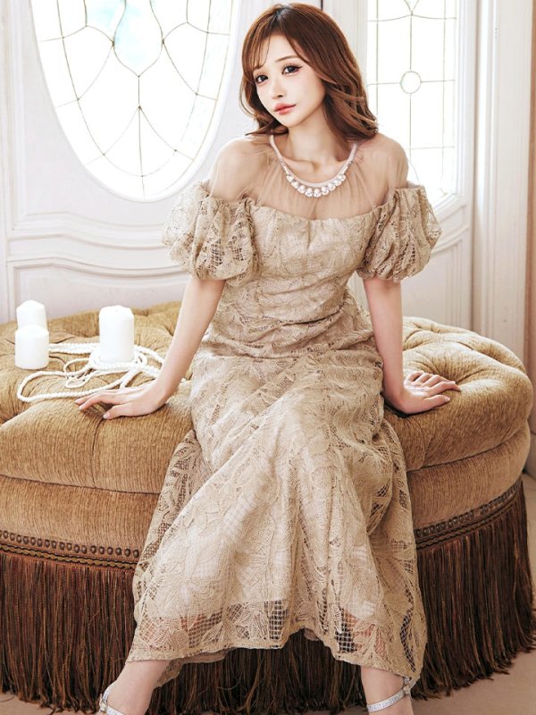 画像25: 【VANESSA HEART / ヴァネッサハート】【OF05】 シアー/ 切替/ レース/ 袖あり/ パフスリーブ/ 膝丈/ フレア/ ミディアムドレス/ キャバドレス