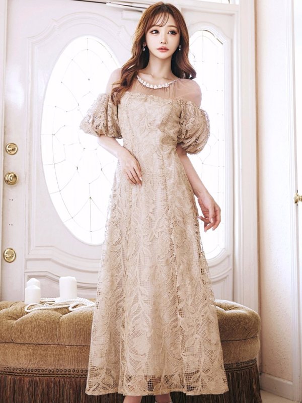 画像26: 【VANESSA HEART / ヴァネッサハート】【OF05】 シアー/ 切替/ レース/ 袖あり/ パフスリーブ/ 膝丈/ フレア/ ミディアムドレス/ キャバドレス