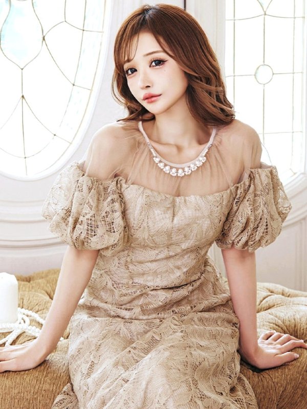 画像27: 【VANESSA HEART / ヴァネッサハート】【OF05】 シアー/ 切替/ レース/ 袖あり/ パフスリーブ/ 膝丈/ フレア/ ミディアムドレス/ キャバドレス