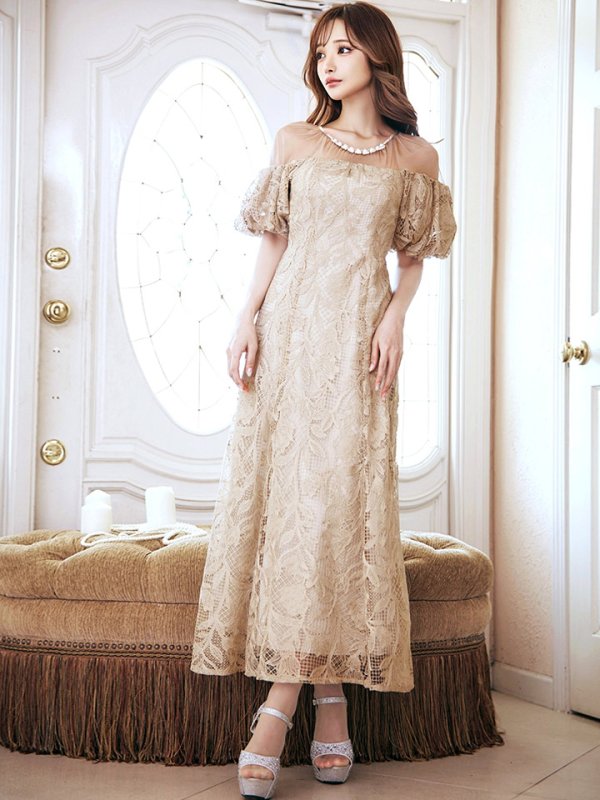 画像28: 【VANESSA HEART / ヴァネッサハート】【OF05】 シアー/ 切替/ レース/ 袖あり/ パフスリーブ/ 膝丈/ フレア/ ミディアムドレス/ キャバドレス