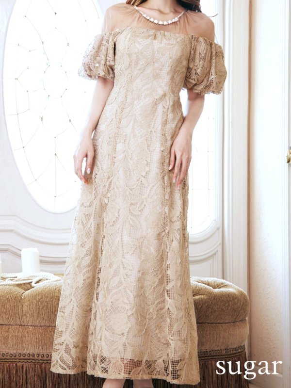 画像29: 【VANESSA HEART / ヴァネッサハート】【OF05】 シアー/ 切替/ レース/ 袖あり/ パフスリーブ/ 膝丈/ フレア/ ミディアムドレス/ キャバドレス