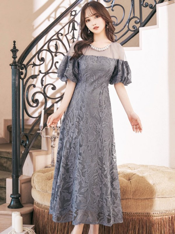 画像7: 【VANESSA HEART / ヴァネッサハート】【OF05】 シアー/ 切替/ レース/ 袖あり/ パフスリーブ/ 膝丈/ フレア/ ミディアムドレス/ キャバドレス