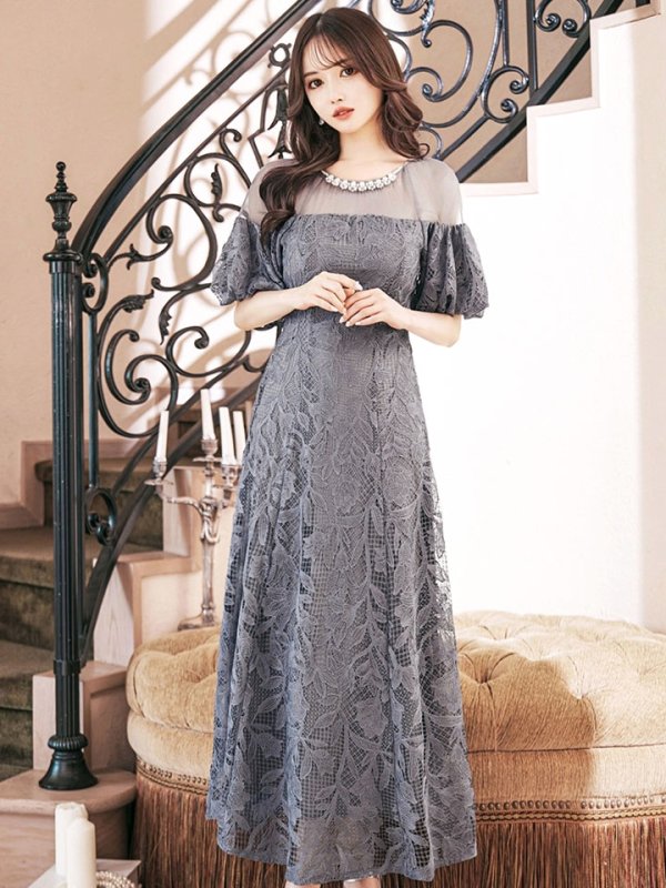 画像8: 【VANESSA HEART / ヴァネッサハート】【OF05】 シアー/ 切替/ レース/ 袖あり/ パフスリーブ/ 膝丈/ フレア/ ミディアムドレス/ キャバドレス