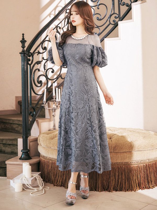 画像9: 【VANESSA HEART / ヴァネッサハート】【OF05】 シアー/ 切替/ レース/ 袖あり/ パフスリーブ/ 膝丈/ フレア/ ミディアムドレス/ キャバドレス