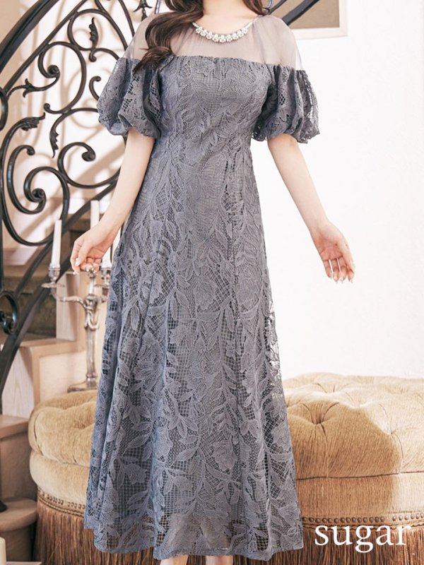 画像11: 【VANESSA HEART / ヴァネッサハート】【OF05】 シアー/ 切替/ レース/ 袖あり/ パフスリーブ/ 膝丈/ フレア/ ミディアムドレス/ キャバドレス