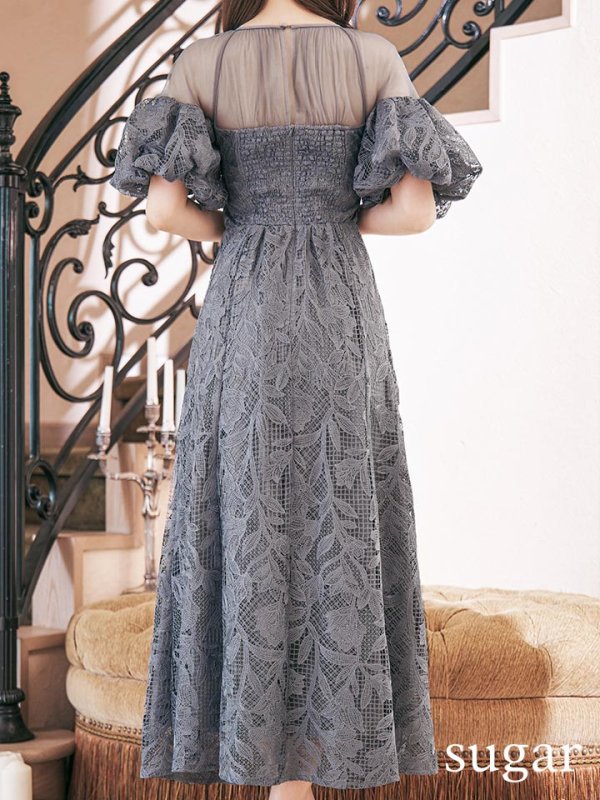 画像12: 【VANESSA HEART / ヴァネッサハート】【OF05】 シアー/ 切替/ レース/ 袖あり/ パフスリーブ/ 膝丈/ フレア/ ミディアムドレス/ キャバドレス