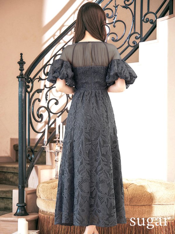 画像3: 【VANESSA HEART / ヴァネッサハート】【OF05】 シアー/ 切替/ レース/ 袖あり/ パフスリーブ/ 膝丈/ フレア/ ミディアムドレス/ キャバドレス