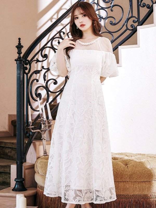 画像15: 【VANESSA HEART / ヴァネッサハート】【OF05】 シアー/ 切替/ レース/ 袖あり/ パフスリーブ/ 膝丈/ フレア/ ミディアムドレス/ キャバドレス