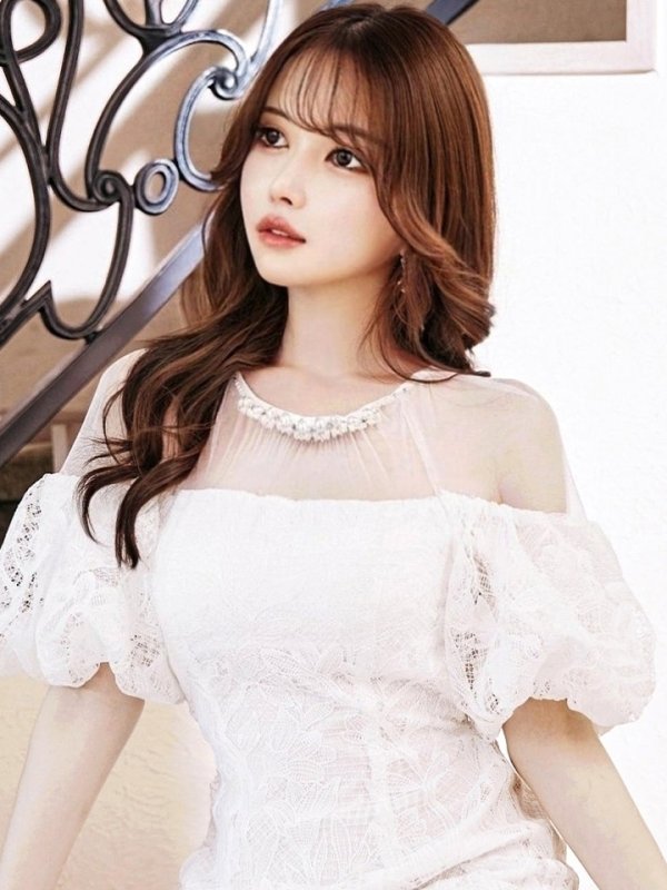 画像18: 【VANESSA HEART / ヴァネッサハート】【OF05】 シアー/ 切替/ レース/ 袖あり/ パフスリーブ/ 膝丈/ フレア/ ミディアムドレス/ キャバドレス