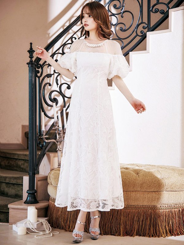 画像19: 【VANESSA HEART / ヴァネッサハート】【OF05】 シアー/ 切替/ レース/ 袖あり/ パフスリーブ/ 膝丈/ フレア/ ミディアムドレス/ キャバドレス