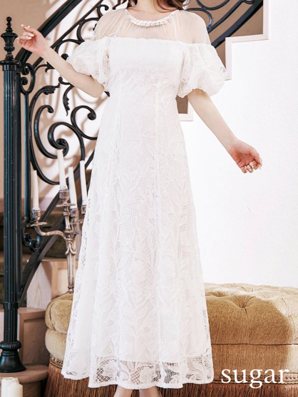 画像20: 【VANESSA HEART / ヴァネッサハート】【OF05】 シアー/ 切替/ レース/ 袖あり/ パフスリーブ/ 膝丈/ フレア/ ミディアムドレス/ キャバドレス