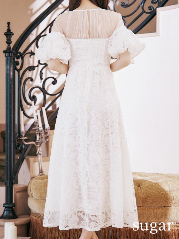 画像21: 【VANESSA HEART / ヴァネッサハート】【OF05】 シアー/ 切替/ レース/ 袖あり/ パフスリーブ/ 膝丈/ フレア/ ミディアムドレス/ キャバドレス