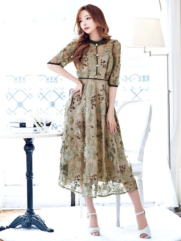 画像3: Lサイズあり【VANESSA HEART / ヴァネッサハート】【OF05】 フラワーレース/ 半袖/ 袖あり/ Aライン/ フレア/ ワンピース/ ミディアムドレス/ キャバドレス