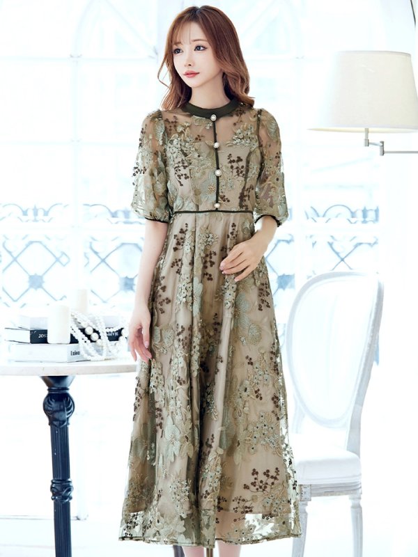 画像4: Lサイズあり【VANESSA HEART / ヴァネッサハート】【OF05】 フラワーレース/ 半袖/ 袖あり/ Aライン/ フレア/ ワンピース/ ミディアムドレス/ キャバドレス