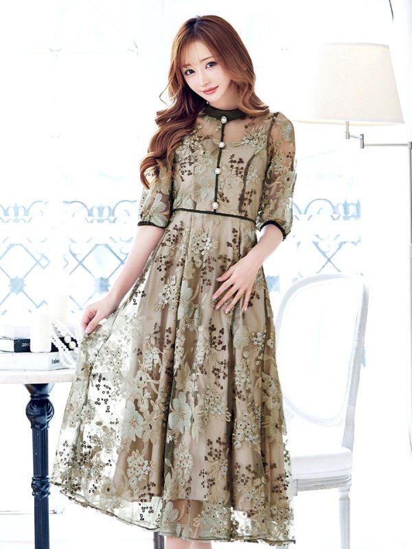 画像5: Lサイズあり【VANESSA HEART / ヴァネッサハート】【OF05】 フラワーレース/ 半袖/ 袖あり/ Aライン/ フレア/ ワンピース/ ミディアムドレス/ キャバドレス