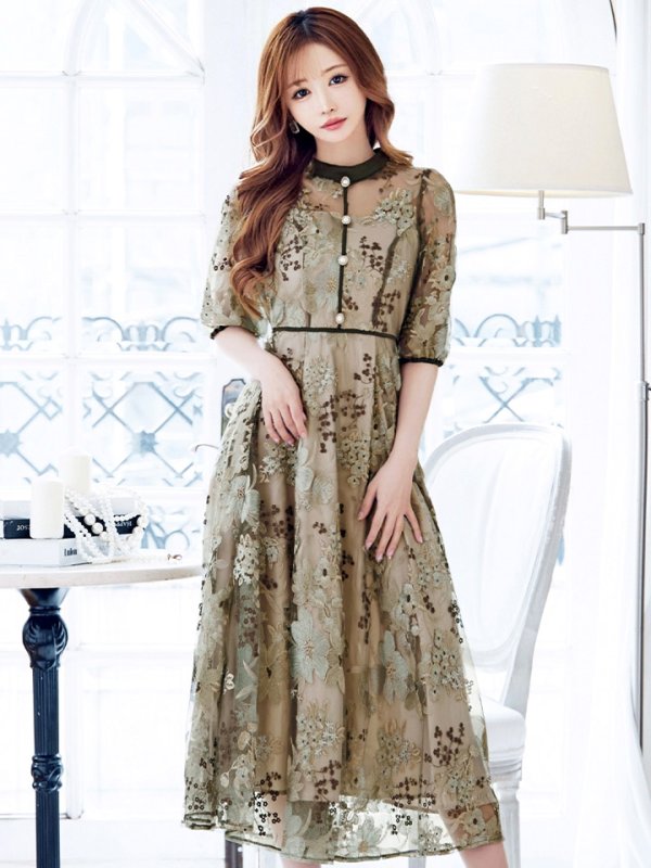 画像6: Lサイズあり【VANESSA HEART / ヴァネッサハート】【OF05】 フラワーレース/ 半袖/ 袖あり/ Aライン/ フレア/ ワンピース/ ミディアムドレス/ キャバドレス