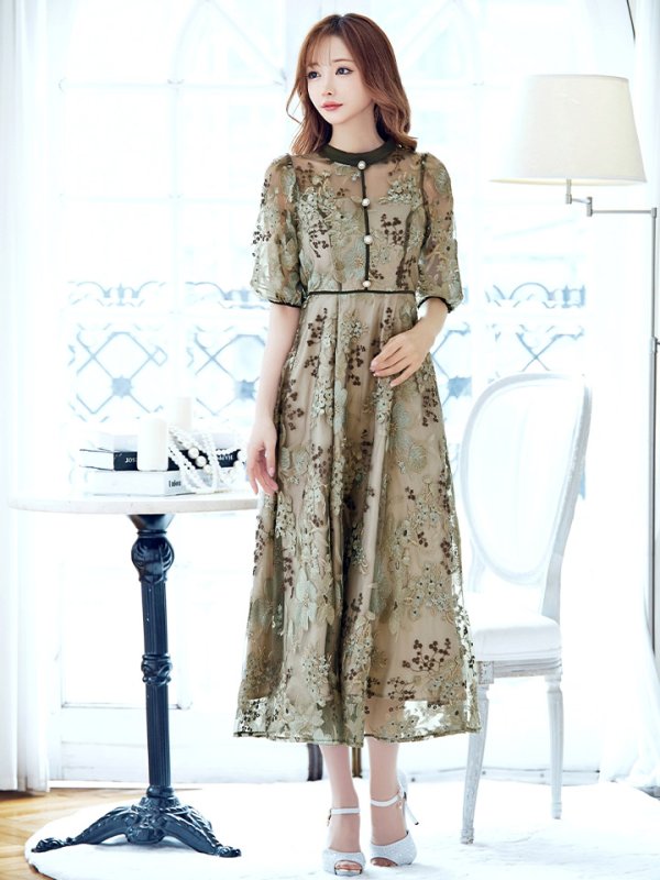 画像7: Lサイズあり【VANESSA HEART / ヴァネッサハート】【OF05】 フラワーレース/ 半袖/ 袖あり/ Aライン/ フレア/ ワンピース/ ミディアムドレス/ キャバドレス