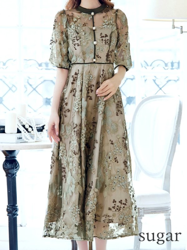 画像8: Lサイズあり【VANESSA HEART / ヴァネッサハート】【OF05】 フラワーレース/ 半袖/ 袖あり/ Aライン/ フレア/ ワンピース/ ミディアムドレス/ キャバドレス