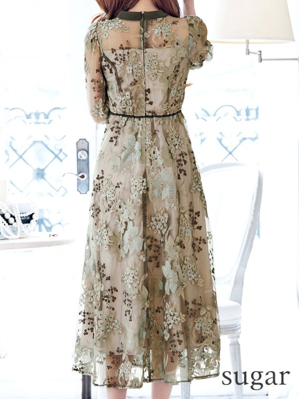 画像9: Lサイズあり【VANESSA HEART / ヴァネッサハート】【OF05】 フラワーレース/ 半袖/ 袖あり/ Aライン/ フレア/ ワンピース/ ミディアムドレス/ キャバドレス