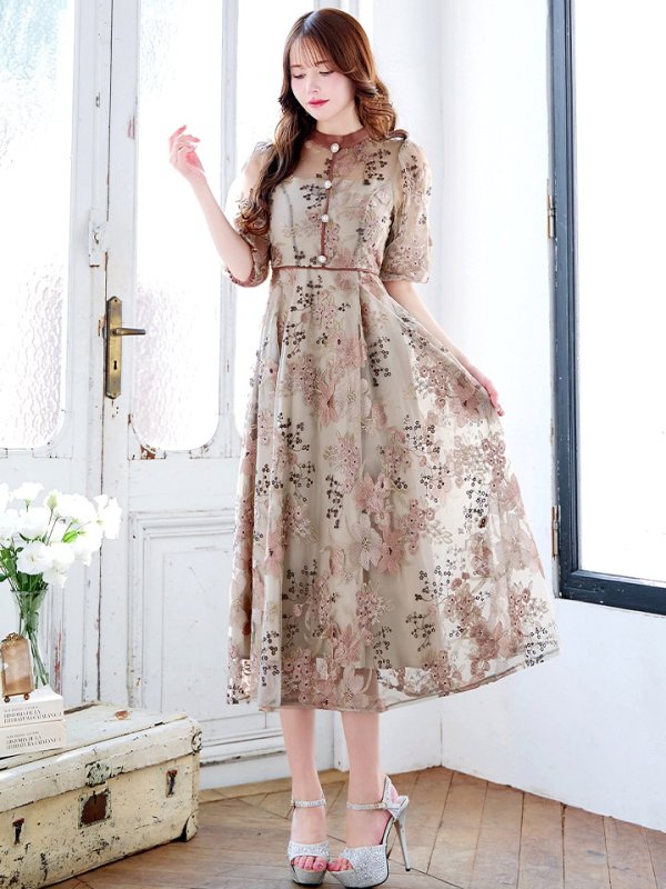 画像12: Lサイズあり【VANESSA HEART / ヴァネッサハート】【OF05】 フラワーレース/ 半袖/ 袖あり/ Aライン/ フレア/ ワンピース/ ミディアムドレス/ キャバドレス